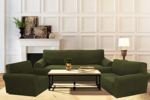 LinenTopia 3-Piece Couch Cover Set, Sofa, Loveseat, and Arm Chair Slipcovers, Form fit Stretch, Wrinkle Free, Furniture Protector, Premium Brushed Sofa Covers for Living Room (Green)