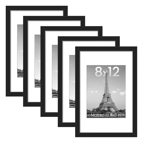 upsimples 8x12 Picture Frame Set of 5, Display Pictures 6x8 with Mat or 8x12 Without Mat, Wall Gallery Photo Frames, Black