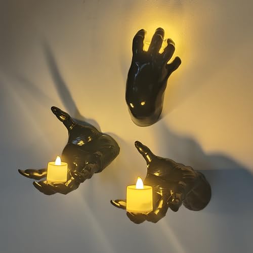 DAZONGE Halloween Decorations Indoor/Outdoor, Pack of 3 Wall Mounted Creepy Reaching Hands with Lighted Candles, Life-Sized Horror Hands for Wall Decorations, Gothic Hanging Wall Art Sculpture