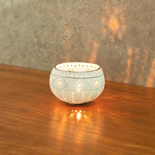 Restaurantware - Coco Casa 4 x 3.3 Inch Coconut Shell Candle Holders, 1 Reusable Tealight Candle Holders - Candle Not Included, Sun And Light Pattern, White Coconut Bowls For Candles, Handcrafted