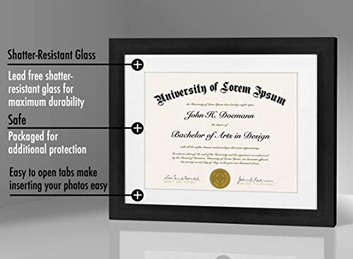 Americanflat 11x14 Diploma Frame with Shatter-Resistant Glass - Use as 8.5x11 Frame with Mat or 11x14 Frame without Mat - Legacy Collection - Thin Picture Frame for Wall Display - Black