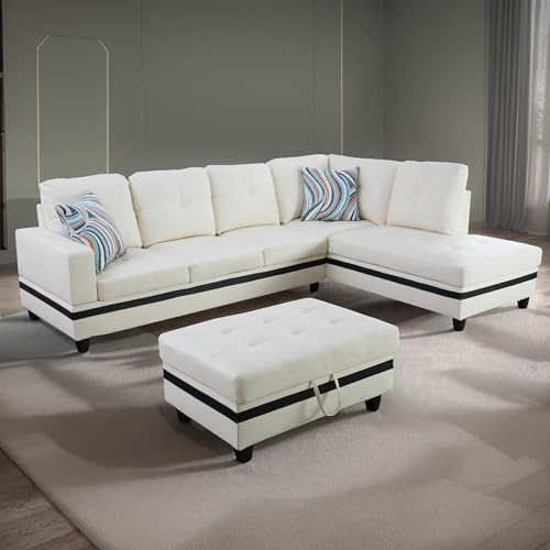 Yehha Modern L-Shape Sofa Couch with Chaise Lounge & Ottman, Faux Leather Modular Sectional Sofá Set w/Tufted Back and Wooden Legs for Living Room, Office, Apartment, White + Black, Full