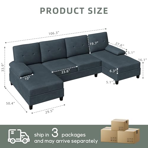 Shintenchi Sectional Sofa Couches for Living Room, U-Shaped Sofa Couch with Double Chaise, 4-Seat Sleeper Sofa Couch with Sofa Cushion & Linen Fabric for Living Room, Dark Grey