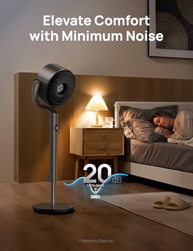 Dreo Fan for Bedroom, 120° Oscillating Standing Fan, Quiet Floor Fan with DC Motor, 82ft Pedestal Fan for Whole Room, 8 Speeds, 3 modes, 20dB, 120° Manual Vertical, 35-40" Adjustable Height, 8H Timer