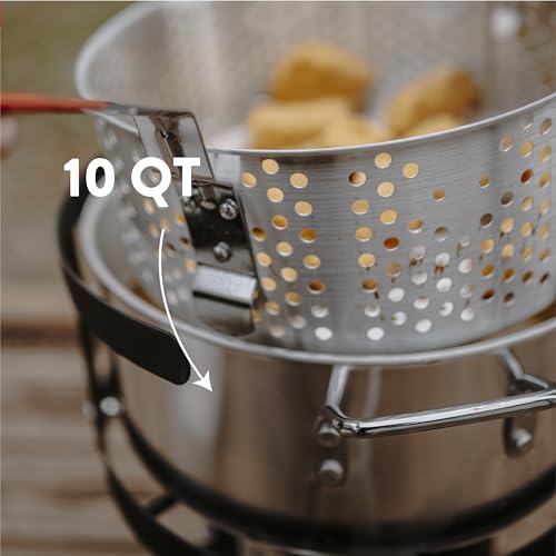 Gas One Propane Deep Fryer with 10Qt Deep Fryer Pot – High Grade Strainer Basket Aluminum Pot for Fish Fry Chicken Wings, Seafood Pot – Propane Burners for Outdoor Cooking Include Thermometer