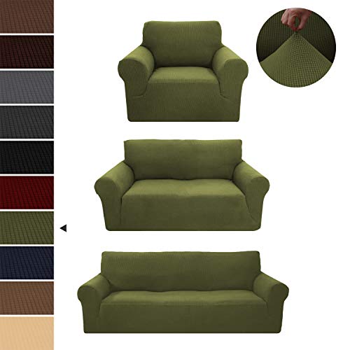 LinenTopia 3-Piece Couch Cover Set, Sofa, Loveseat, and Arm Chair Slipcovers, Form fit Stretch, Wrinkle Free, Furniture Protector, Premium Brushed Sofa Covers for Living Room (Green)