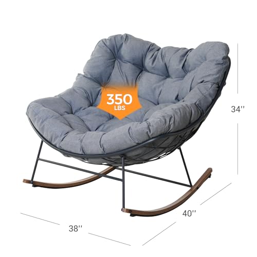 Grand patio Rocking Chair Outdoor, E-Coated Papasan Rocking Chair with Cushion, Outdoor Rocker Recliner Chair for Patio Porch Garden Backyard, Grey