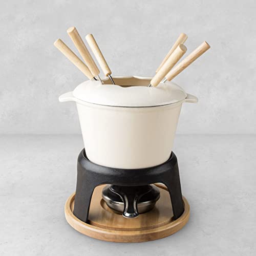 Twine Farmhouse Kitchen Enamel Cast Iron Fondue Set Cheese Melting Pot Metal Stand with Stainless Steel Forks and Chrome Gel Burner, 8.5", Off-Cream