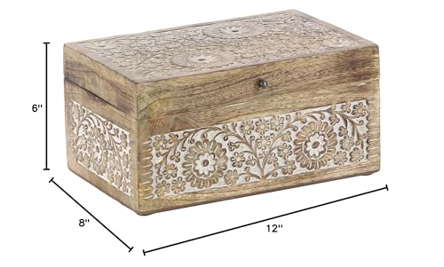 Deco 79 Mango Wood Floral Decorative Box Decorative Keepsake Boxes with Hinged Lid, Set of 3 Storage Boxes 8", 10", 12"W, Brown