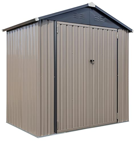 6x4 Metal Outdoor Galvanized Steel Storage Shed with Swinging Double Lockable Doors for Backyard or Patio Storage of Bikes, Grills, Supplies, Tools, Toys, for Lawn, Garden, and Camping, Tan