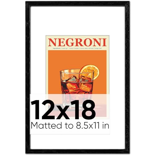 Homeforia 12x18 Wood Frame Black, Premium Black Oak 12x18 Wood Poster Frame with 8.5x11 Mat, 12 x 18 Black Wooden Frame for Wall, Tempered Glass, Wall Hook Included, Set of 1