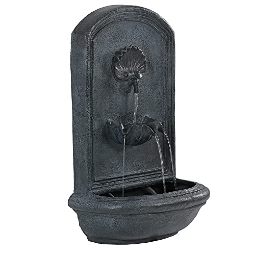 Sunnydaze Seaside 27-Inch Polystone Outdoor Wall Fountain - Electric Submersible Pump - Lead Finish