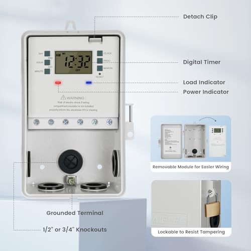 Suraielec Pool Timer, 7-Day Digital Pool Pump Timer Switch, 40 AMP Heavy Duty, 120/240/277 VAC, 2HP Programmable Timer Box for Swimming Pool Pump, Hot Water Heater, Lights, Outdoor/Indoor Use