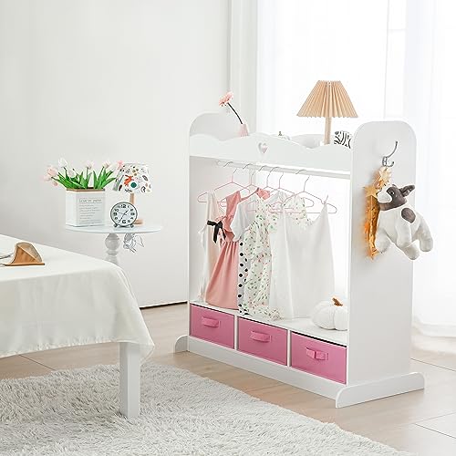 RELIANCER Kids Armoire Dress-Up Closet w/Mirror,Open Hanging Wardrobe w/Clothes Rack,Toddlers Pretend Play Costume Storage Dresser,Children Costume Organizer Center for Nursery Girl Bedroom Playroom