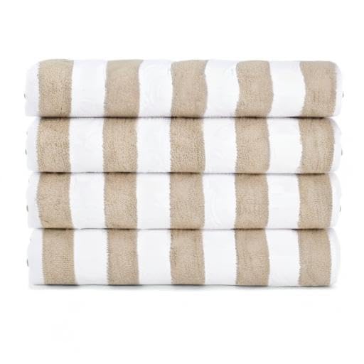 Arkwright California Cabana Stripe Beach Towel - Pack of 4 - Large Soft Quick Dry Cotton Terry Towels Set for Pool, Swim, and Hot Tub, Oversized 30 x 70 in, Beige