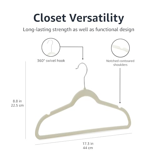 Amazon Basics Slim, Velvet, Non-Slip Suit Clothes Hangers, Ivory/Silver - Pack of 30