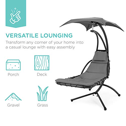 Best Choice Products Outdoor Hanging Curved Steel Chaise Lounge Chair Swing w/Built-in Pillow and Removable Canopy - Charcoal Gray