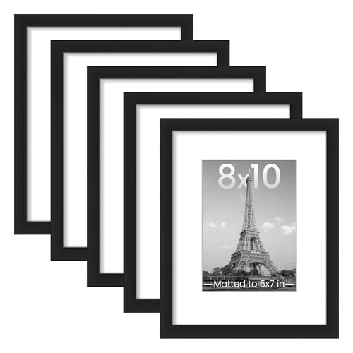 upsimples 8x10 Picture Frame Set of 5, Display Pictures 5x7 with Mat or 8x10 Without Mat, Wall Gallery Photo Frames, Black