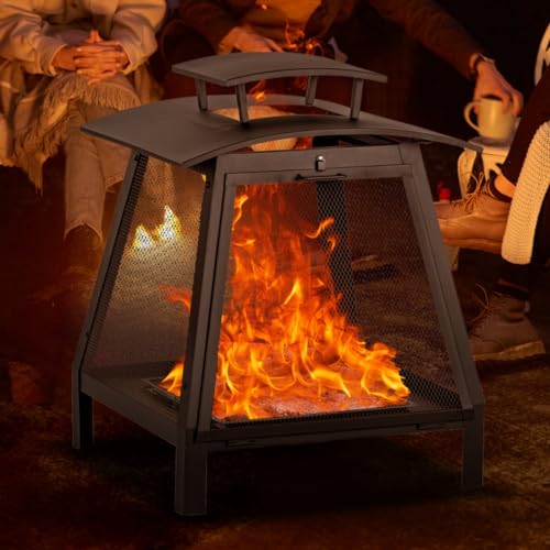 Econook 28.5''H×22" W Metal Chiminea Fire Pit, Wood Burning Fire Pits with Romoveble Ash Pan, Chimineas Fireplace with Mesh Spark Screen Door & Fire Poker, Firepit for Outside, Garden, Yard