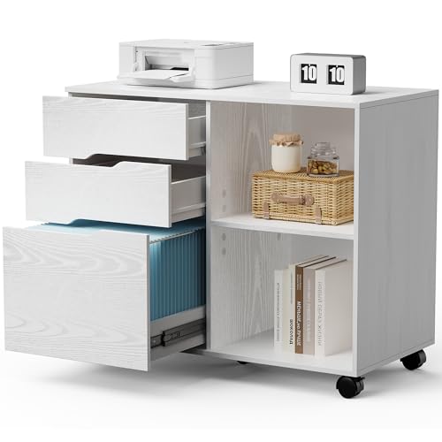 OLIXIS 3 Drawer File Cabinet Mobile Lateral Printer Stand with Adjustable Storage Shelves for Home Office Small Space, White