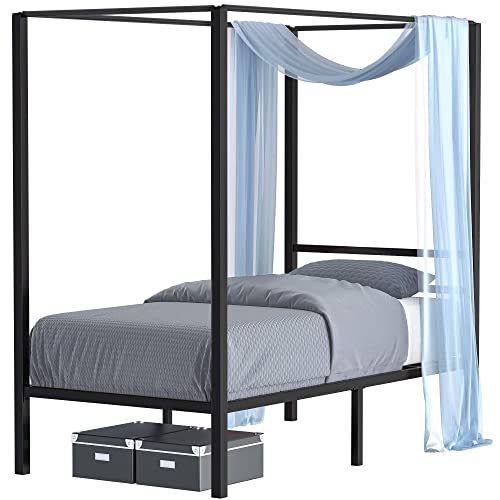 YITAHOME Metal Four Posters Canopy Bed Frame 14 Inch Platform with Built-in Headboard Strong Metal Slat Mattress Support, No Box Spring Needed, Black, Twin Size