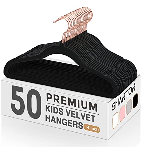 Smartor Kids Velvet Hangers 50 Pack, 14'' Inch Premium Non Slip Kids Felt Hangers for Closet, Space Saving Toddler Clothes Hanger for Youth's Childrens' Clothes (Rose Gold Hook)- Black