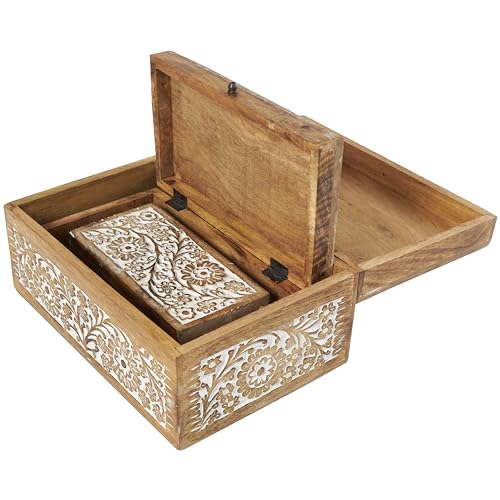 Deco 79 Mango Wood Floral Decorative Box Decorative Keepsake Boxes with Hinged Lid, Set of 3 Storage Boxes 8", 10", 12"W, Brown