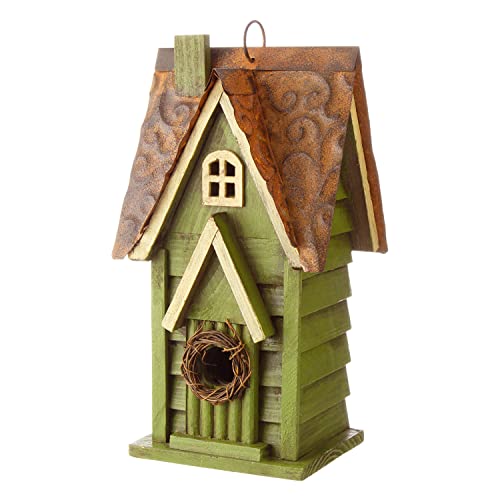 Glitzhome 12" H Green Hanging Distressed Solid Wood Garden Bird House Decoratvie Birdhouse