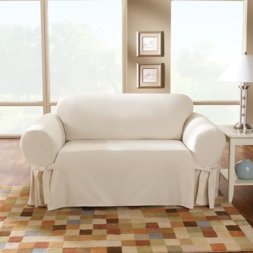 SureFit Cotton Duck Canvas Loveseat Slipcovers, Loveseat Cover Cotton Solid One Piece Design and Straight Skirt, Removable and Machine Washable Loveseat Cover, Natural