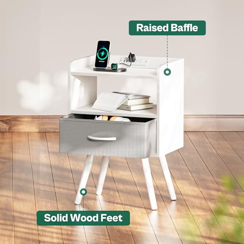 Huuger Night Stand with Charger Station, White Nightstand with Drawer and Open Shelf, Bedside Table, End Table with Solid Wood Feet, Side Table for Bedroom