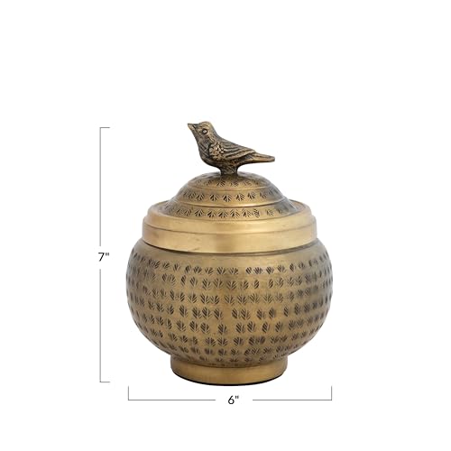 Creative Co-Op Hammered Aluminum Sphere Lid and Bird, Antique Brass Finish Container