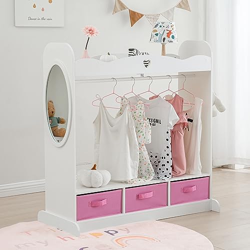 RELIANCER Kids Armoire Dress-Up Closet w/Mirror,Open Hanging Wardrobe w/Clothes Rack,Toddlers Pretend Play Costume Storage Dresser,Children Costume Organizer Center for Nursery Girl Bedroom Playroom