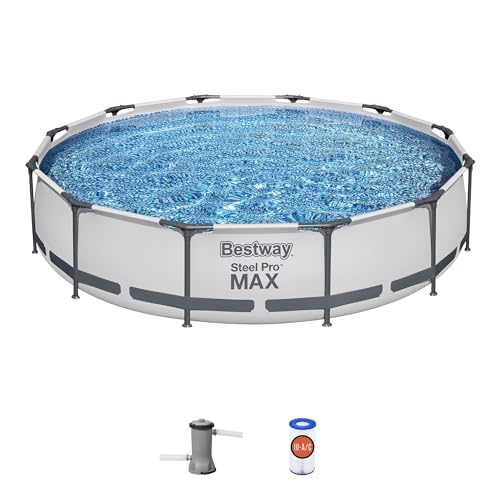 Bestway Steel Pro MAX 12 Foot by 30 Inch Round Above Ground Swimming Pool Set Outdoor Metal Frame Family Pool with Filter Pump, Gray