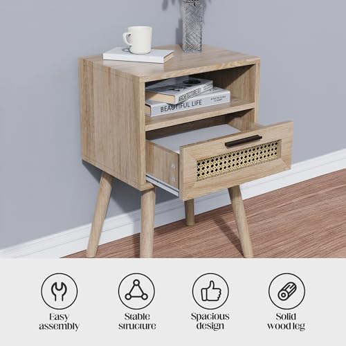 AmzYuga Nightstands Set of 2, Rattan Night Stand, Boho Nightstand with Drawer Open Storage, Modern Bed Side Table with Solid Wood Feet for Bedroom