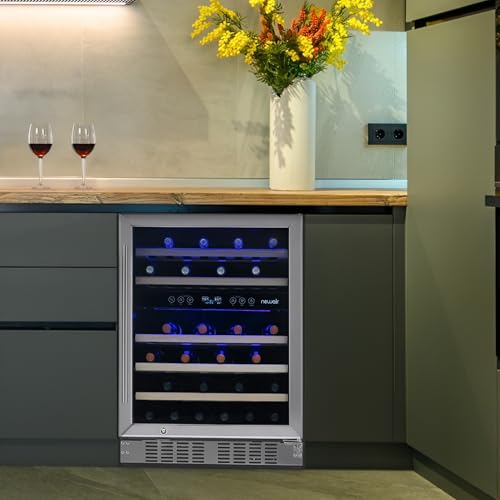 NewAir 24" Wine Cooler, 46 Bottle Dual Zone Wine Refrigerator, Built-in Small Wine Fridge | Stainless Steel Mini Fridge with Lock and Recessed Kickplate, for Home Kitchen Cabinet, Bar Cabinet