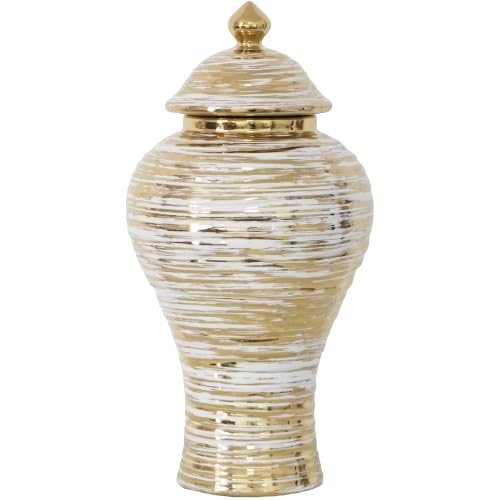 Decorative Ceramic Ginger jar with lid vase, White paired with Gold Unique Irregular Circle Shape (Medium)