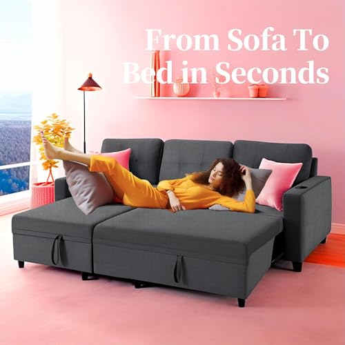 yoyomax L Shaped Sofa - 82'' Sectional Sofa with 2 in 1 Pull Out Couch Bed, Storage Chaise & Cup Holders for Living Room, Apartment and Office, Dark Grey