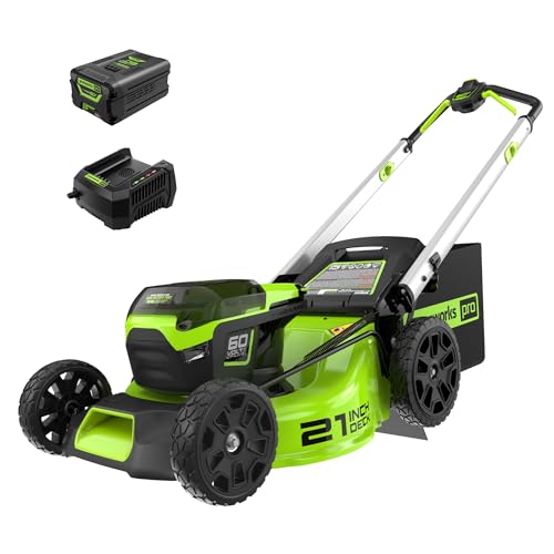 Greenworks 60V 21” Cordless (Push) Lawn Mower (LED Lights + Aluminum Handles), 5.0Ah Battery and Rapid Charger
