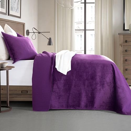 Elegant Comfort Luxury 3-Piece Velvet Corduroy Stripe Quilt Set, Ultra Soft Bedspread - Cozy Velvet Coverlet Set - 3PC Medium Weight Quilted Set with Matching Pillow Shams, Twin XL, Purple