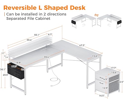 AODK L Shaped Computer Desk, 55" Office Desk with File Cabinet, Power Outlet and Adjustable Monitor Stand, Executive Home Office Furniture Set, Reversible Corner Desk with Storage Bag, White