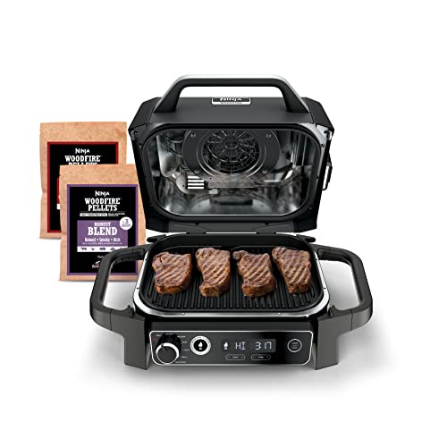 Ninja OG701 7-in-1 Outdoor Electric Grill & Smoker - Grill, BBQ, Air Fry, Bake, Roast, Dehydrate & Broil - Uses Woodfire Pellets - Portable & Weather Resistant