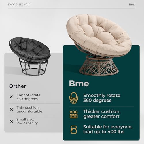 Bme Ergonomic Wicker Papasan Chair with Soft Thick Density Fabric Cushion, High Capacity Steel Frame, 360 Degree Swivel for Living, Bedroom, Reading Room, Lounge, Sepia Sand - Brown Base