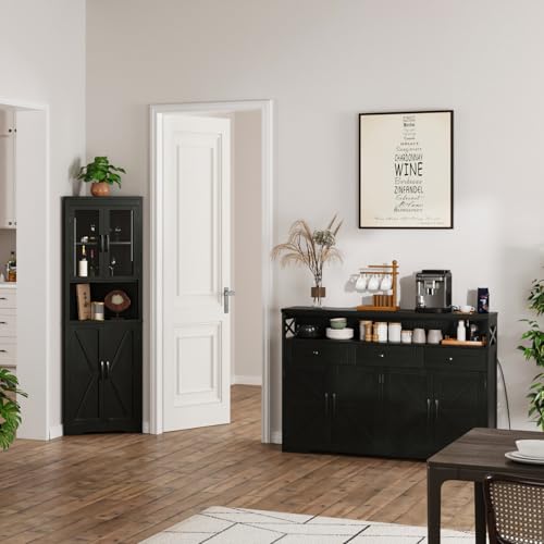 51" Black Buffet Sideboard Cabinet with Storage, Farmhouse Kitchen Storage Pantry Cabinet with Shelves, Wood Cupboard Hutch Cabinet, Coffee Bar Station Table for Kitchen, Living Room, Dining Room