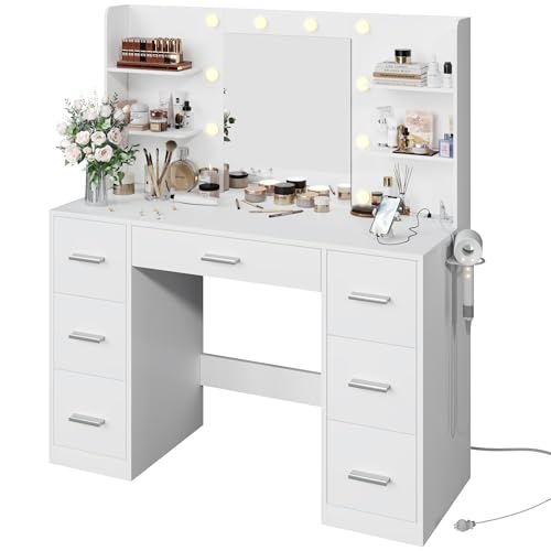 YESHOMY Vanity Desk with Mirror, Power Outlet and 10 Lights, Makeup Table with 7 Drawers, 3 Color Modes Available for Bedroom, White