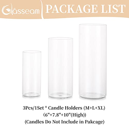 Glasseam Hurricane Candle Holder Set of 3, Glass Cylinder Candle Holders for Pillar Candles, Clear Cylinder Vases for Centerpieces Modern Floating Candle Vase for Flowers Wedding, 6''+7.8''+10''