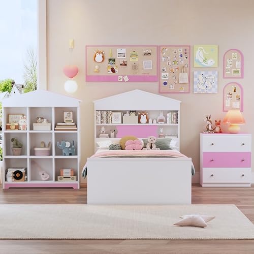 Merax 3-Pieces Bedroom Sets, Twin Size Wooden Bed Frame with House-Shaped Storage Headboard, 3-Drawer Nightstand and Nine Compartments Bookshelf, Cute Design for Boys Girls Kids' Room, Pink+White