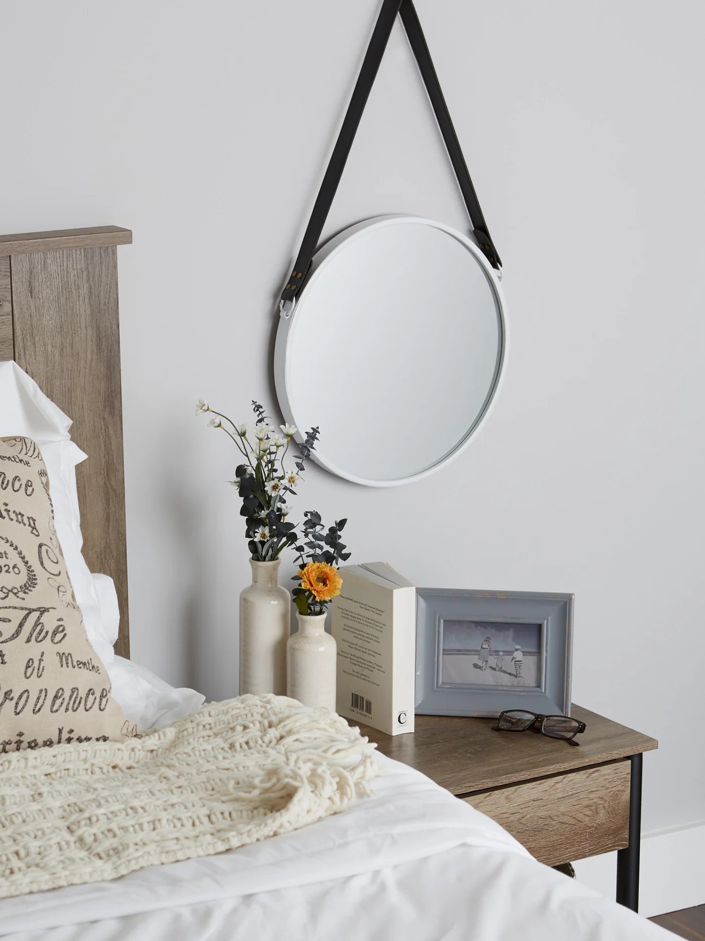 Hanging White Mirror with Faux Leather Strap