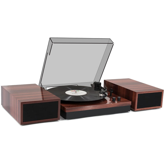 Vintage Record Player with Upgraded Hi-Fi Full-Range Speakers, Belt-Drive Turntable for Vinyl Records with Moving Magnetic Cartridge AT-3600L, Glossy Finish, Metal Tonearm, Wireless BT Input, Brown