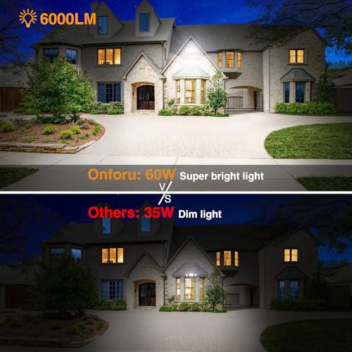 Onforu 60W Flood Lights Outdoor, 6000LM Super Bright Security Lights Switch Controlled, 3 Adjustable Heads, IP65 Waterproof, 6500K Wall Mount Exterior LED Flood Light