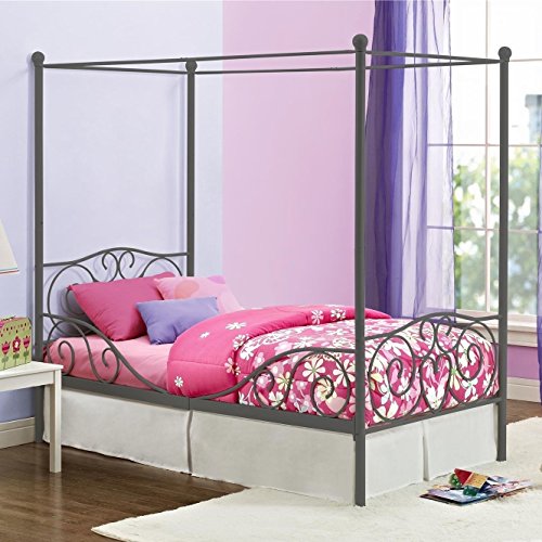 DHP Metal Canopy Kids Platform Bed with Four Poster Design, Scrollwork Headboard and Footboard, Underbed Storage Space, No Box Sring Needed, Twin, Pewter